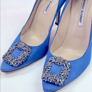 Manolo Blahnik Blue Satin Jewel Buckle Pumps